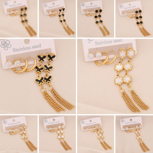 Fashionable OL Style Heart-Shaped Titanium Steel Earrings Set with Electroplated Finish and Floral Six-Petal Flower Design for Women