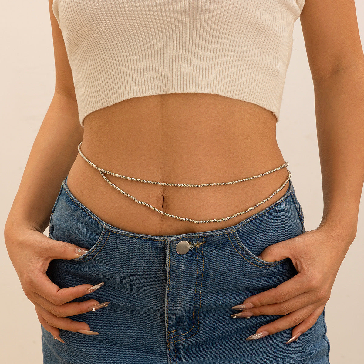 Cadena Corporal Minimalista de Doble Capa para Mujer con Cuentas de Perlas de Imitación y Diseño de Bolas Redondas de Metal