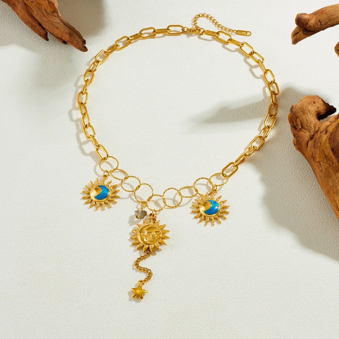 Vintage Plated Star Moon Sun Tassel Asymmetric Stainless Steel Necklace for Women