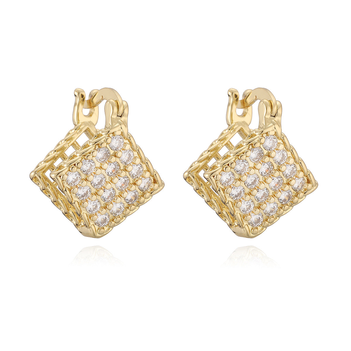 Minimalist 18K Gold Plated Brass Geometric Heart Earrings with Cubic Zirconia for Women