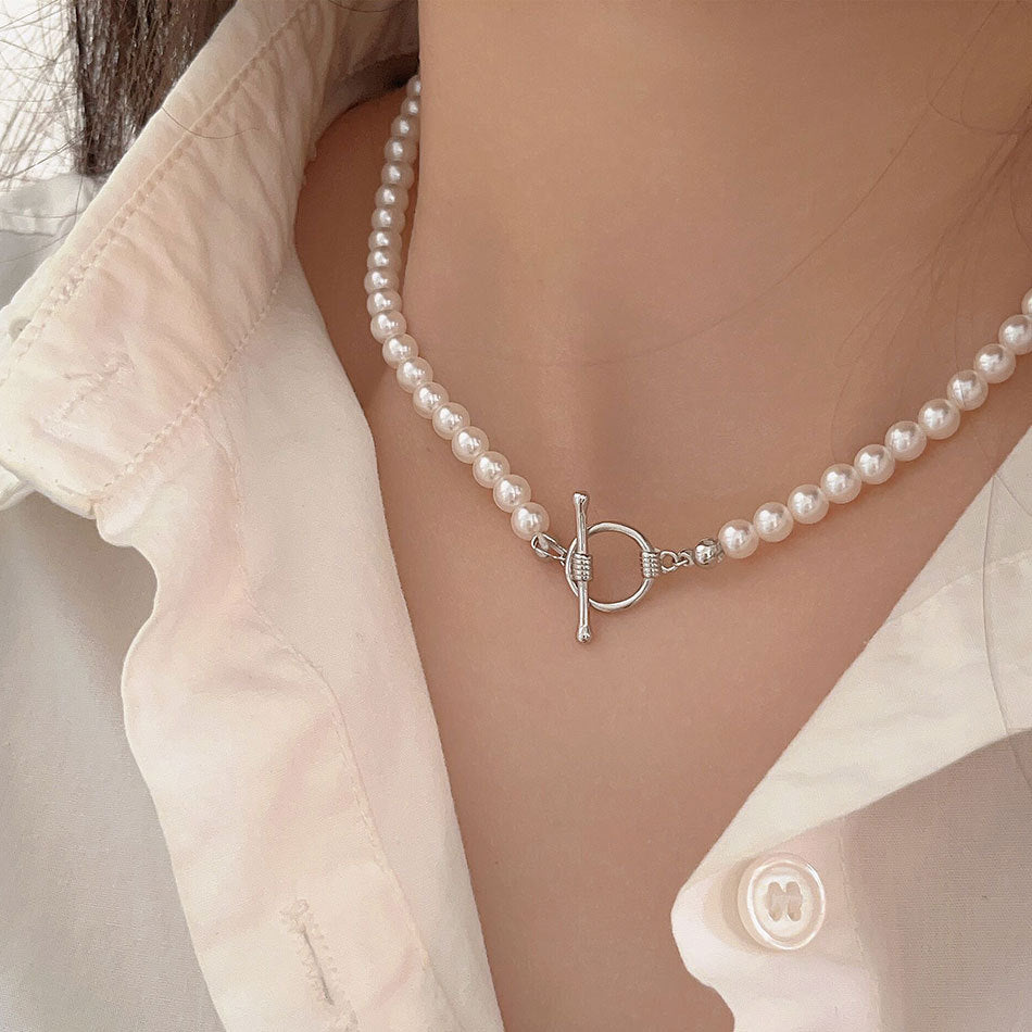 Sweet 925 Sterling Silver Geometric Round Crystal Pearl Necklace for Women