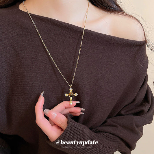 Vintage Style Cross Pendant Necklace in Copper with Zircon Inlay for Women