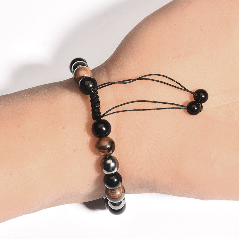Men's Geometric Alloy Beaded Bracelet with Tiger Eye and Black Hematite