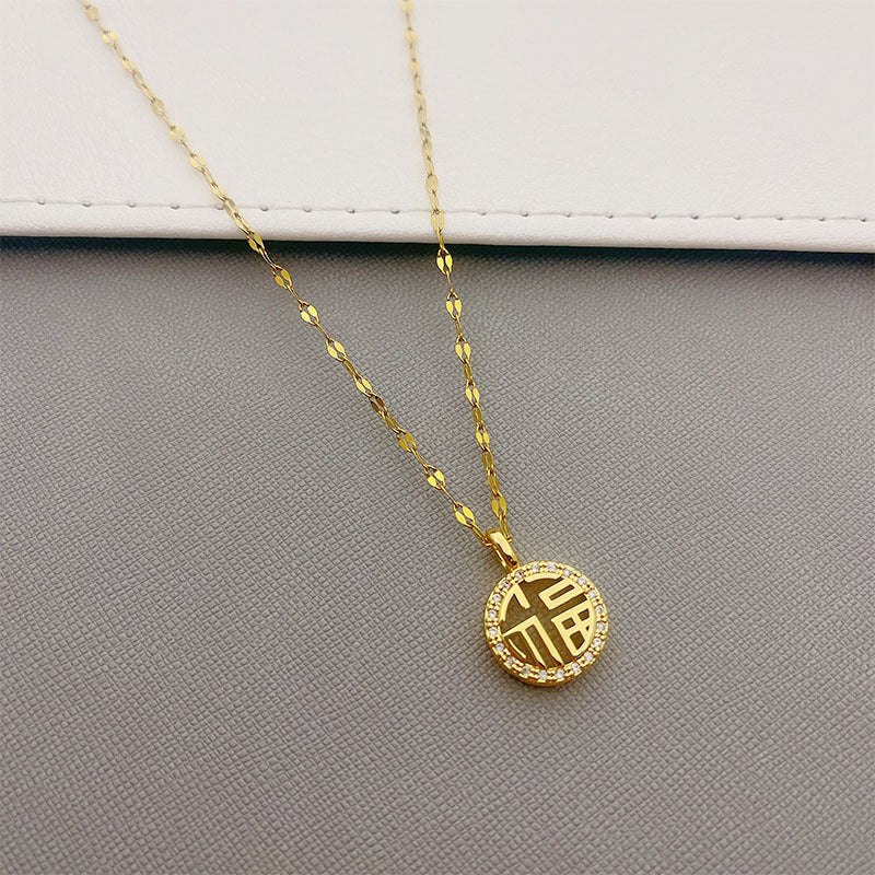 Minimalist Hollow Chinese Character Fu Pendant Necklace in Titanium Steel with Gold Plating for Women and Men