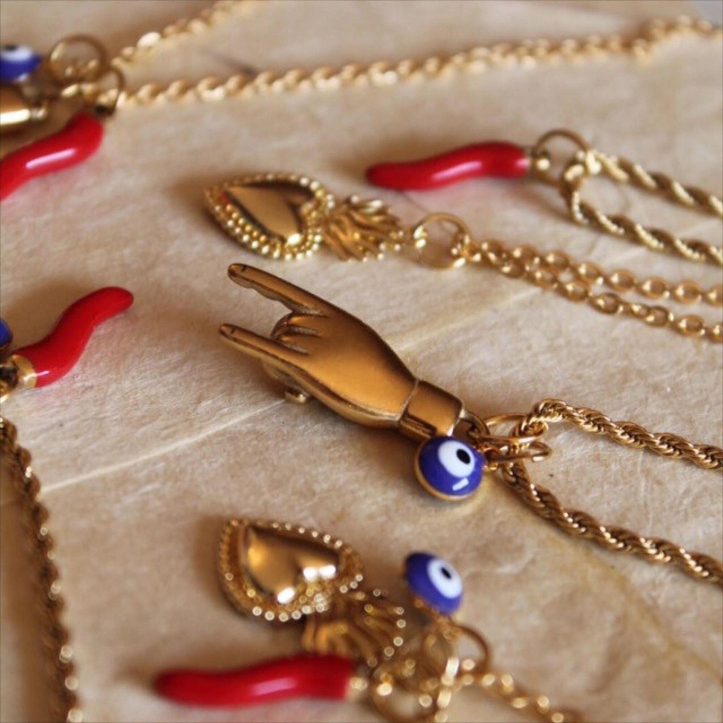 Vintage Geometric Evil Eye Horn Pendant Stainless Steel Necklace with Rope and Cable Chain PVD Plated for Women