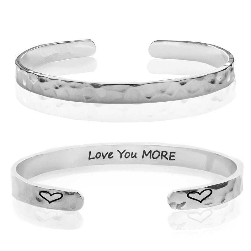 Minimalist Stainless Steel Engraved Open Moon Surface Textured Hammered Bracelet