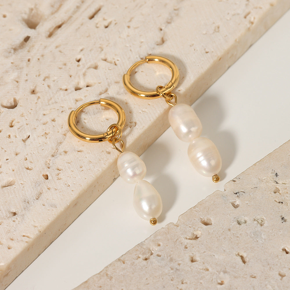Vintage Baroque-Style Geometric Stainless Steel Earrings with Freshwater Pearl Accents for Women