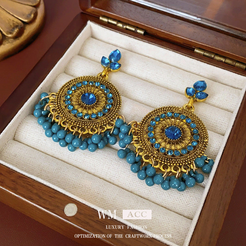 Vintage Ethnic Floral Earrings with Rhinestone Inlay in Alloy and Steel Posts, Geometric and Teardrop-Shaped Dangle Earrings for Women