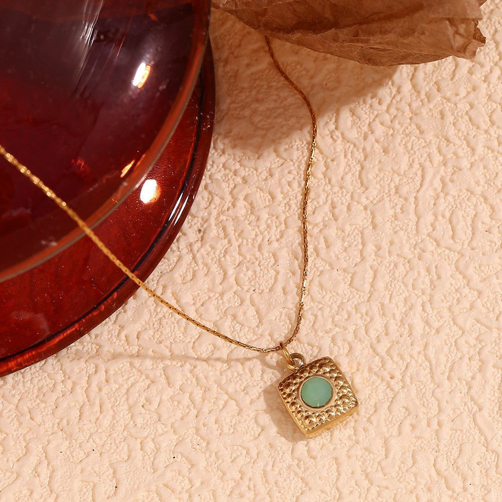 Minimalist Square Scale-Texture Green Stone Pendant Necklace for Women in Stainless Steel with 18K Gold Plating