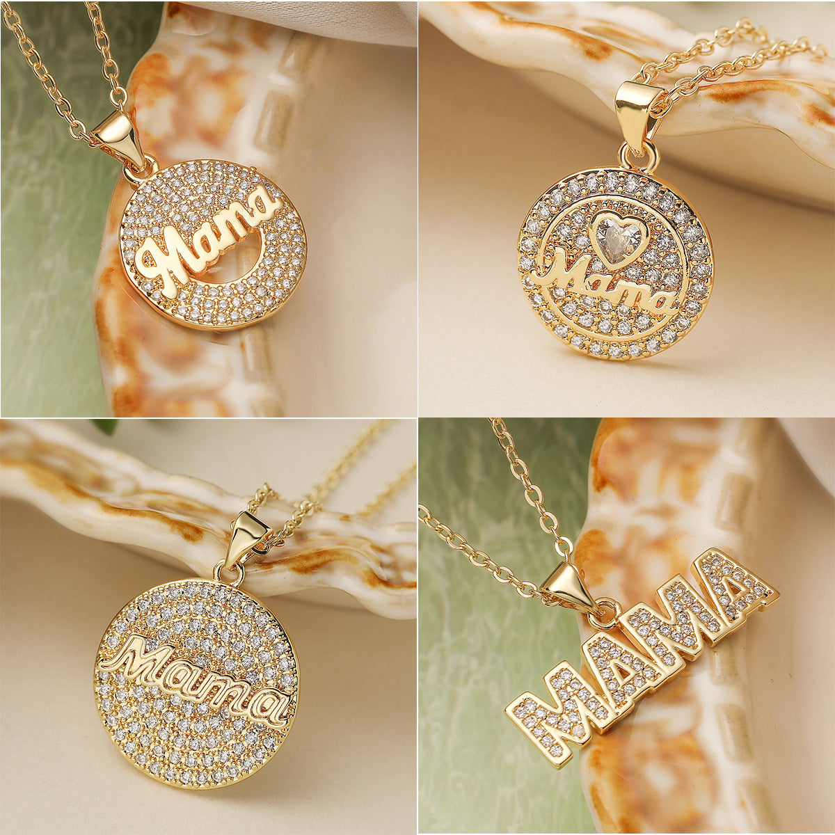 Minimalist Elegant 18K Gold Plated Brass Round Letter MAMA Cubic Zirconia Pendant Necklace for Women
