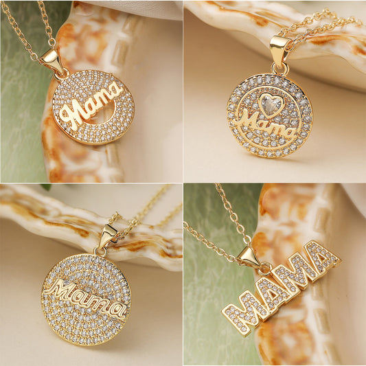 Minimalist Elegant 18K Gold Plated Brass Round Letter MAMA Cubic Zirconia Pendant Necklace for Women