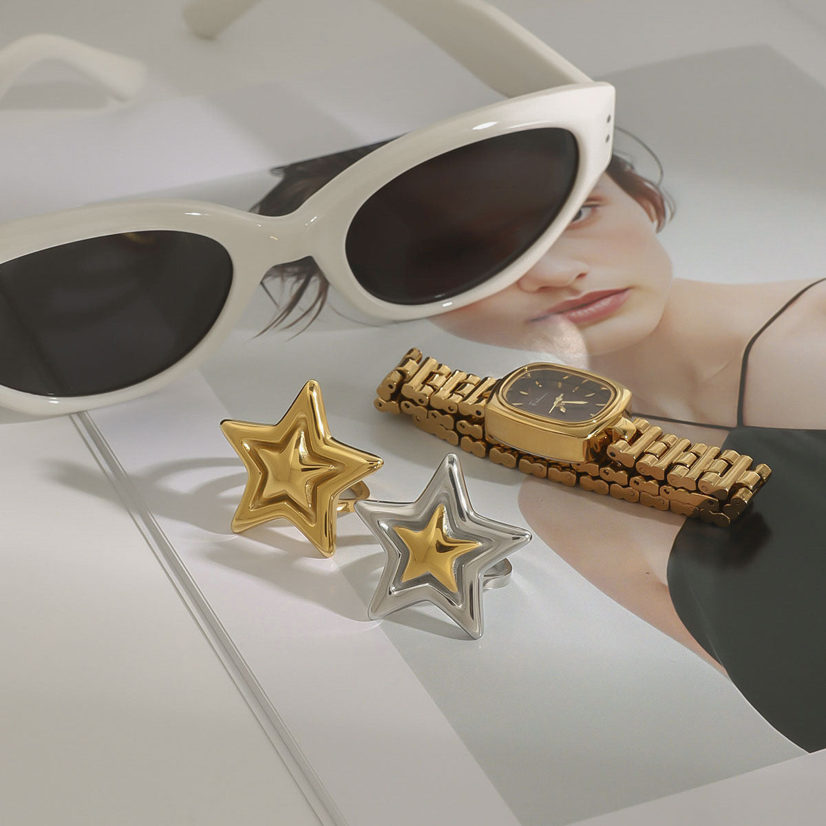 Geometric Star Stainless Steel Plated Ring for Women