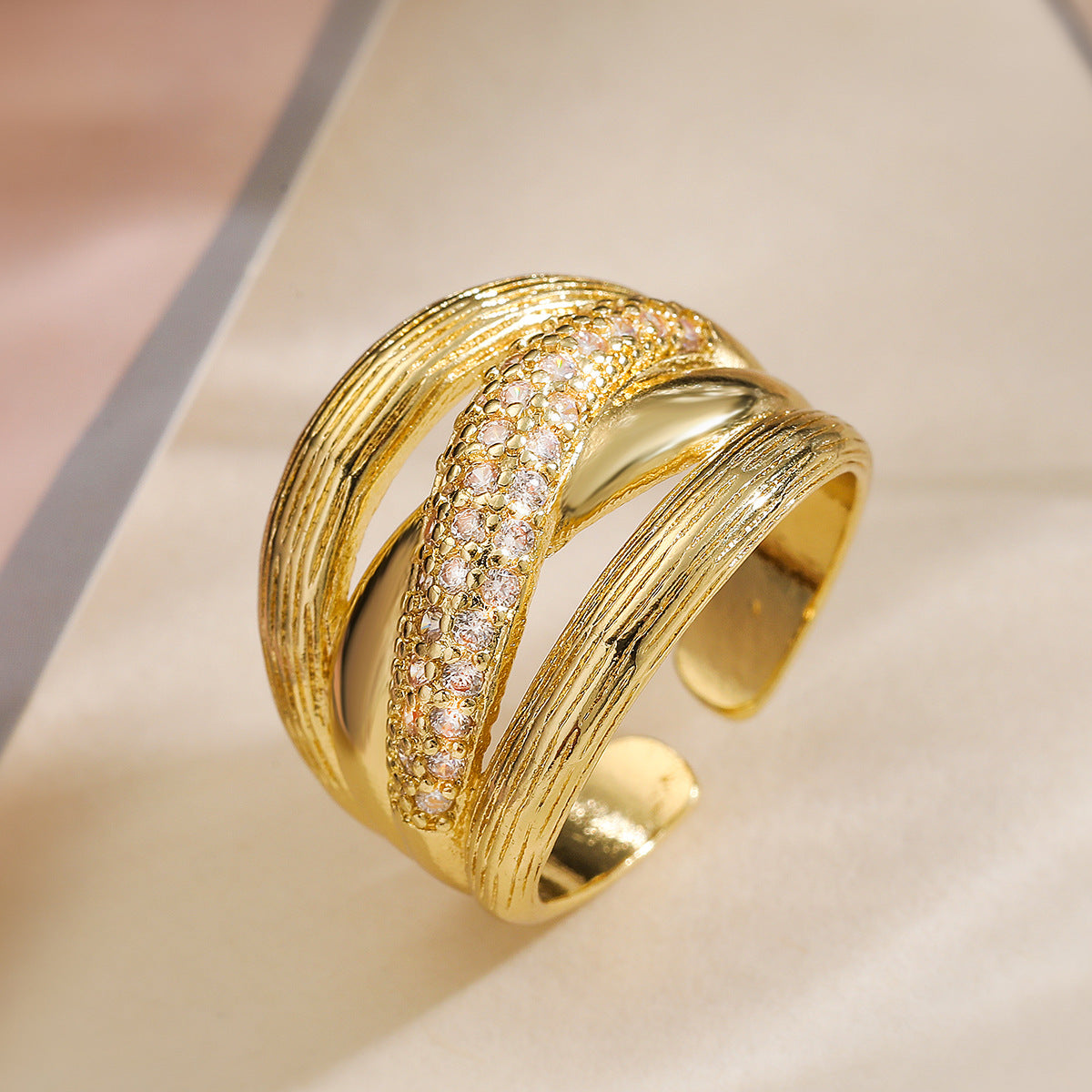 Vintage Irregular Geometric Copper Ring with 18K Gold Plating and Zircon Inlay for Women