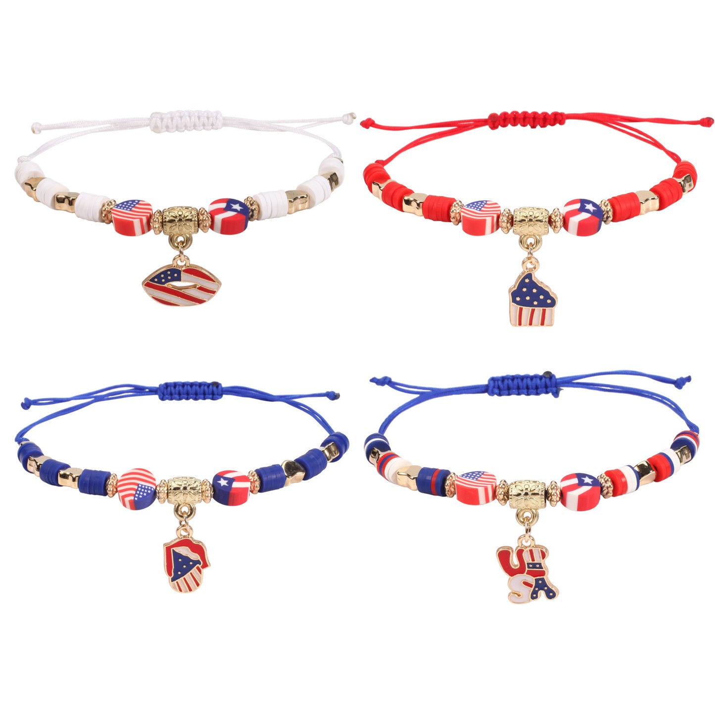 Patriotic American Flag Woven Adjustable Bracelet with Heart Star Butterfly Round Crystal Charms Red White Blue Unisex Jewelry