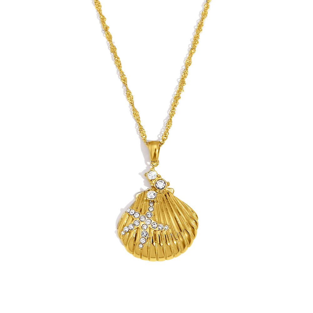 Fashionable Bow Knot Pendant Necklace for Women Stainless Steel Base with 18K Gold Plating Featuring Scallop Shell and Starfish Inlay Design