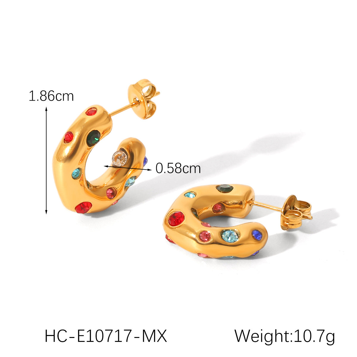 Ins Style Geometric C-Shaped 18K Gold Plated Stainless Steel Stud Earrings with Zircon for Women