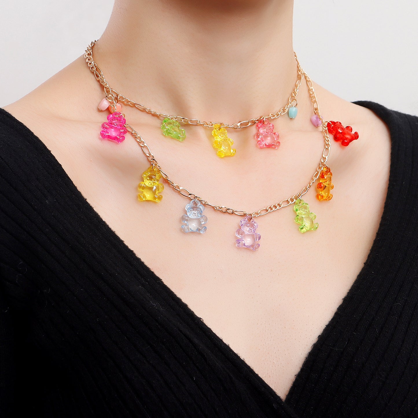 Cute Minimalist Double-Layer Bear and Heart Pendant Necklace for Women with Electroplated Metal Chain and Geometric Design