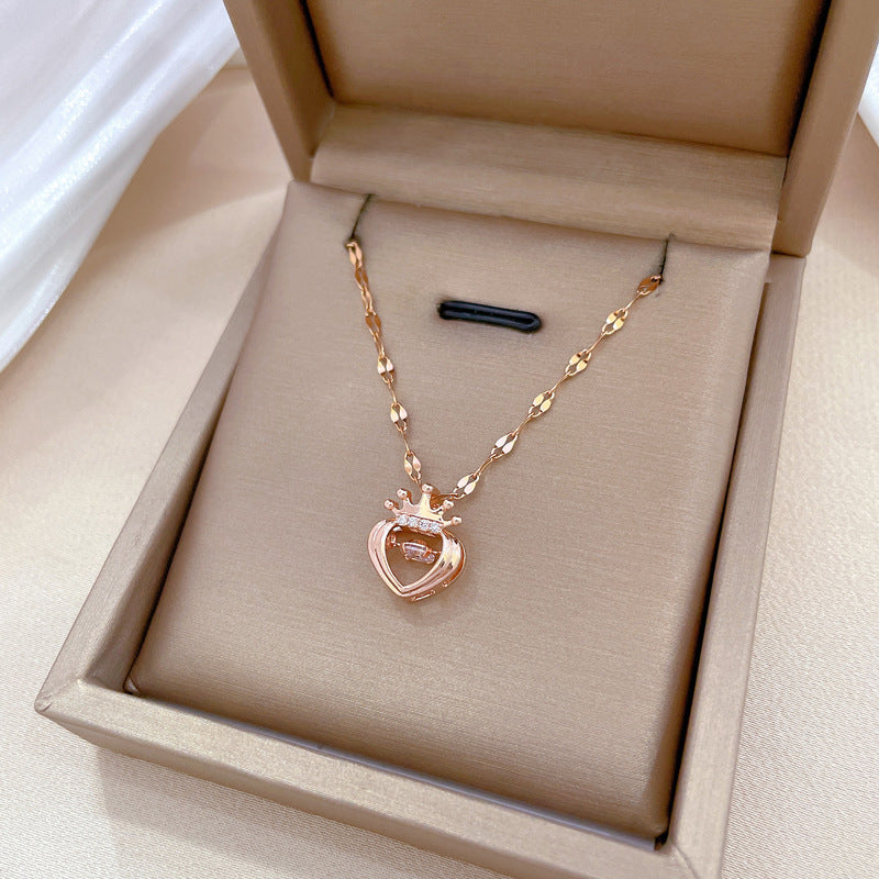 Elegante Collana Pendente Cuore Corona per Donna, in Acciaio Inossidabile, Delicata Catena Clavicola con Motivo Lunare