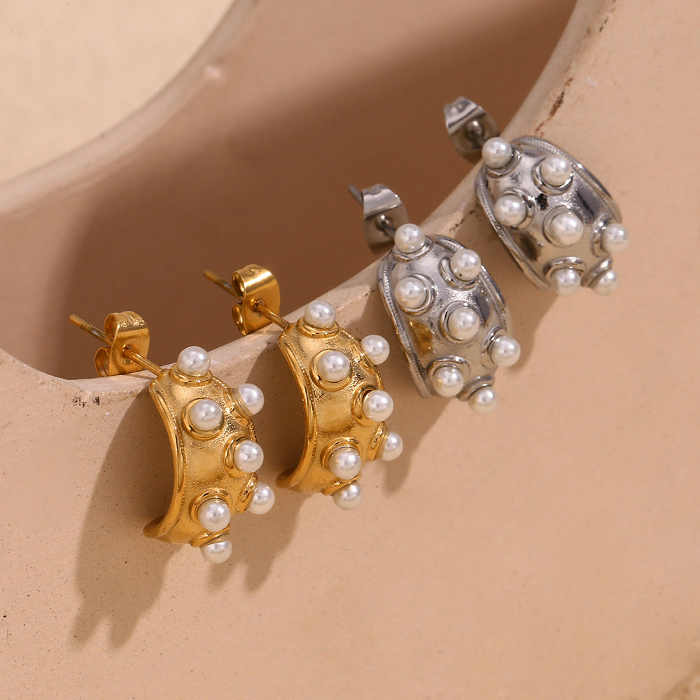 Vintage Minimalist Geometric Stainless Steel 18K Gold Plated Moon Stud Earrings for Women with Pearl-Like Accents