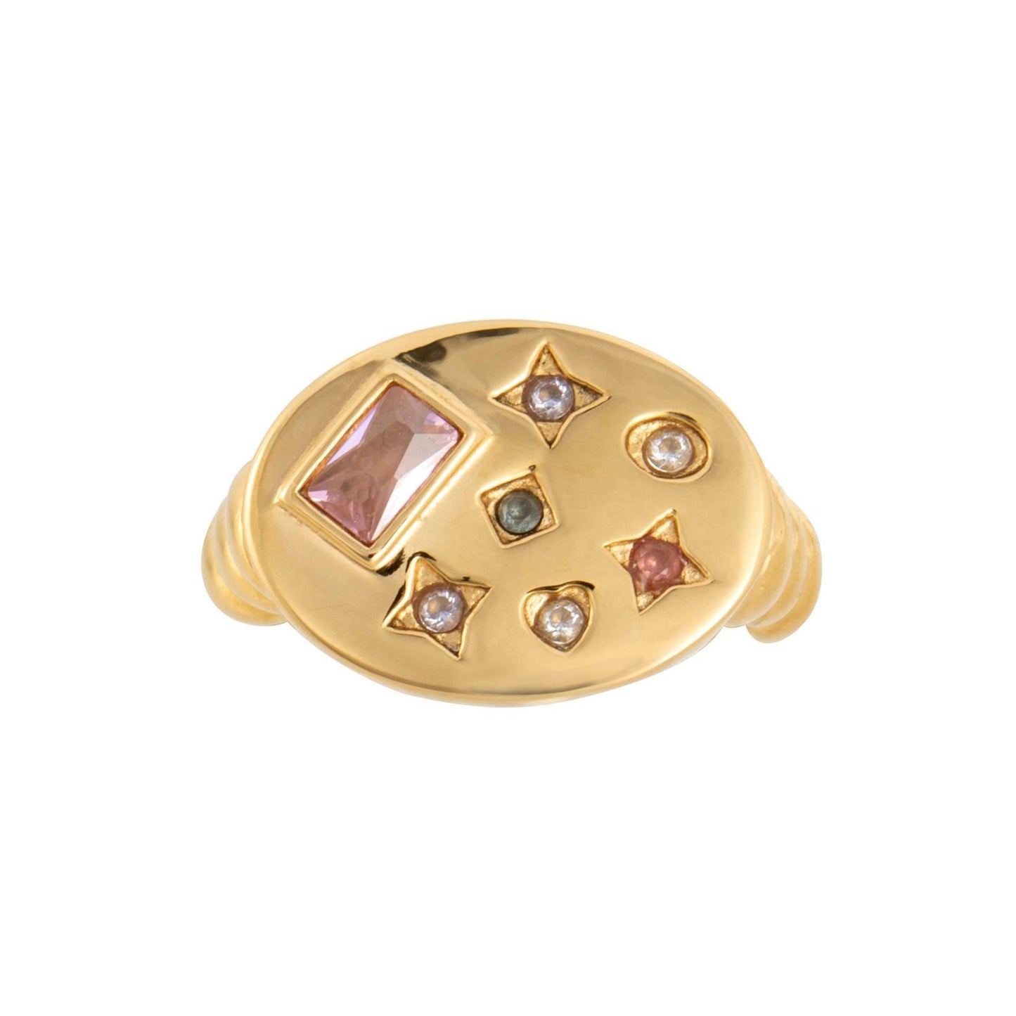 Cute Geometric Galaxy Star Map Ring with Zircon Stars and Moon, Gold-Plated Copper Ring for Women