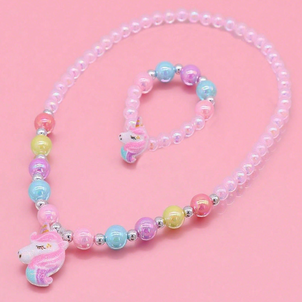 Cartoon Unicorn Pendant Necklace for Kids Made of Resin with Rainbow Dopamine Design on Beaded Chain