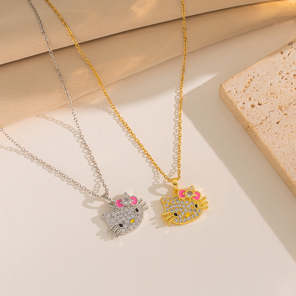 Collana Pendente Gatto Geometrico Minimalista in Acciaio Titanio con Zirconi Micro-Incastonati Placcata Oro Vero con Catena a Serpente per Donna
