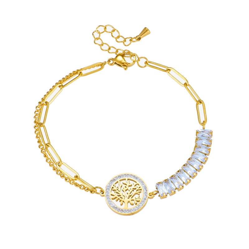 Bracciale in acciaio inossidabile con ciondolo tondo irregolare albero della vita di ispirazione vintage e cristalli pavé