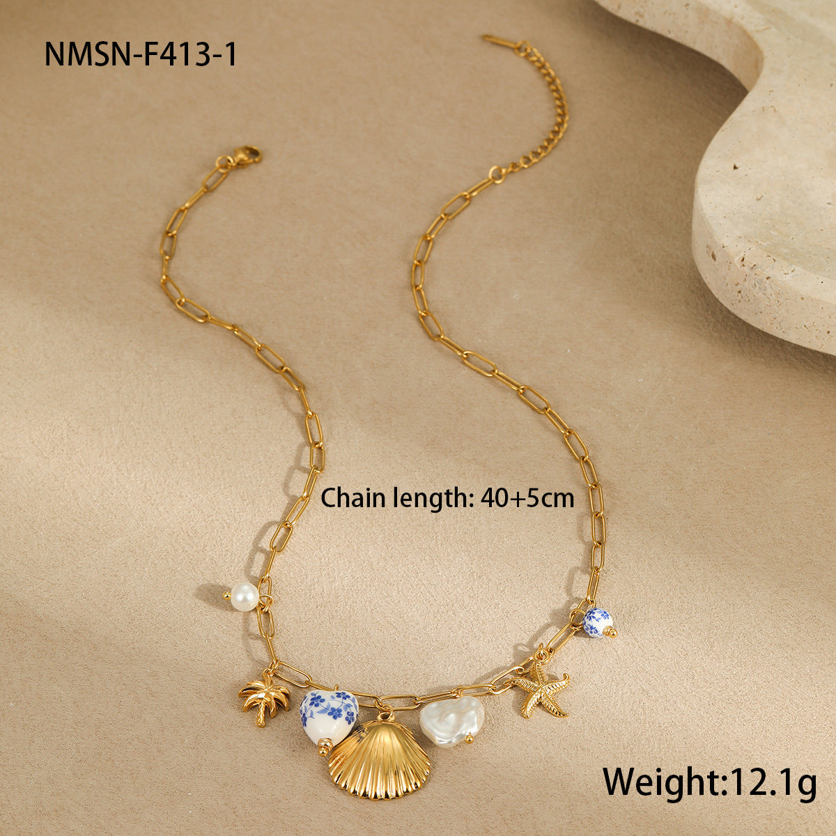 Fashionable Ocean-Themed Necklace with Starfish and Seashell Pendant, Geometric Design, Stainless Steel, Electroplated Finish, for Women