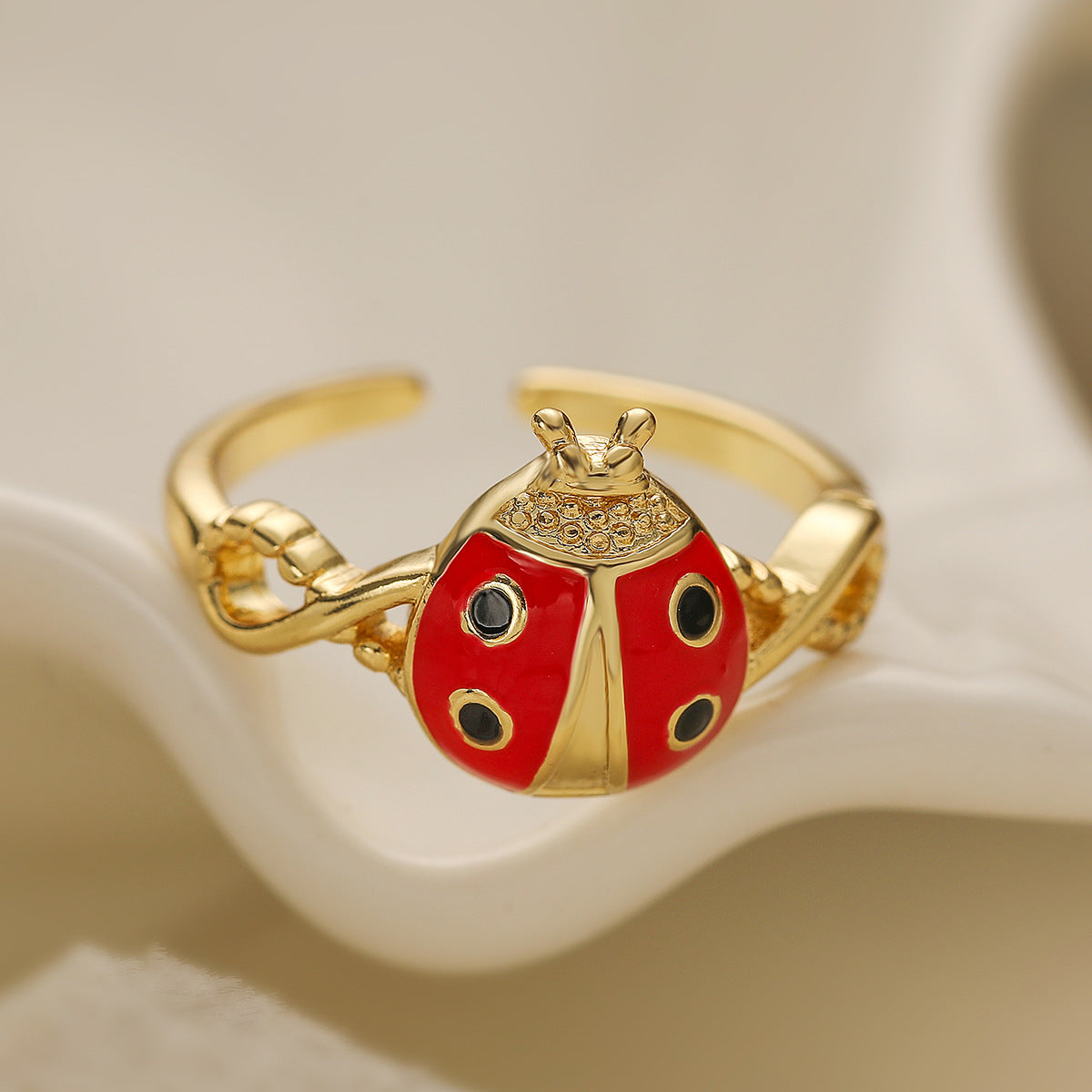 Minimalist Ladybug-Shaped Ring in Copper with 18K Gold Plating and Enamel Finish, Geometric Design