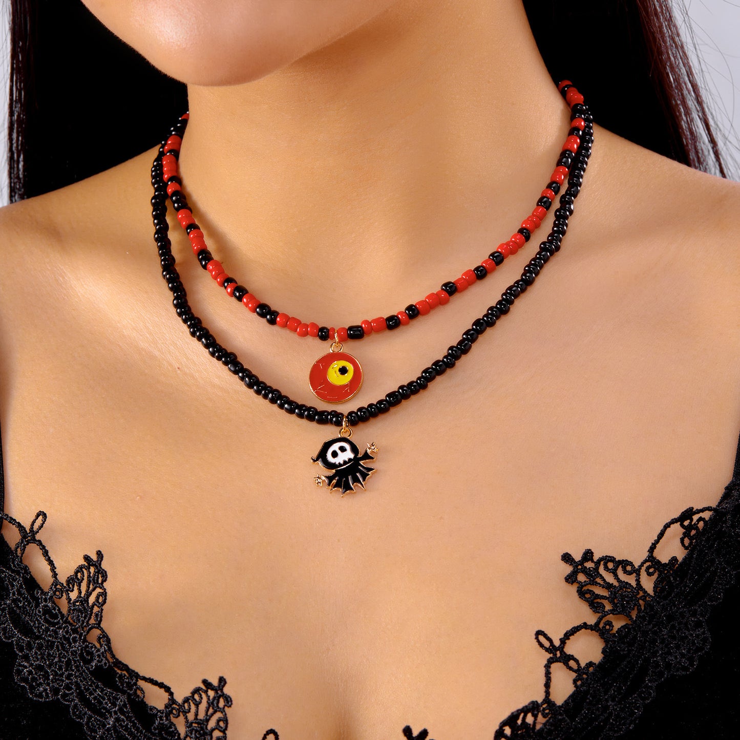 Juego de collar con colgante de gato fantasma vintage con abalorio de cristal y diseño geométrico para mujer, accesorio de fiesta de Halloween