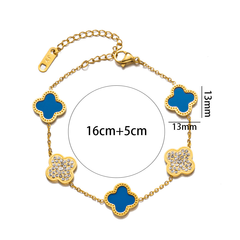 Fashion 18K Rose Gold Plated Titanium Steel Four-Leaf Clover Rhinestone Bracelet for Women