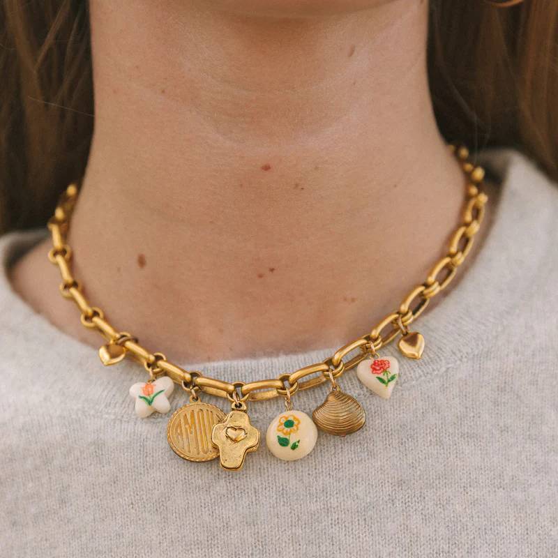 Fashion Floral Cross Heart Gemstone Stainless Steel PVD 18K Gold Plated Necklace