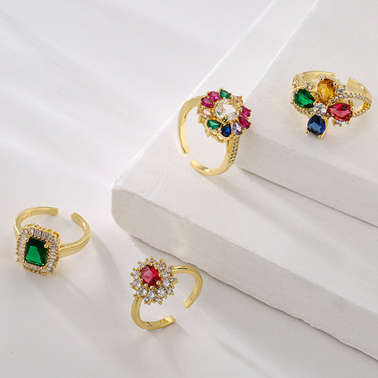 Anillo Abierto Geométrico Minimalista para Mujer de Latón con Circonitas Microengastadas