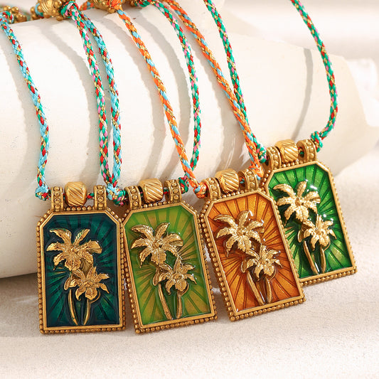 Collar con colgante de tarot de árbol de coco, de acero inoxidable chapado en oro de 18 quilates, geométrico y minimalista, para mujer, con detalles de esmalte y cordón trenzado de colores
