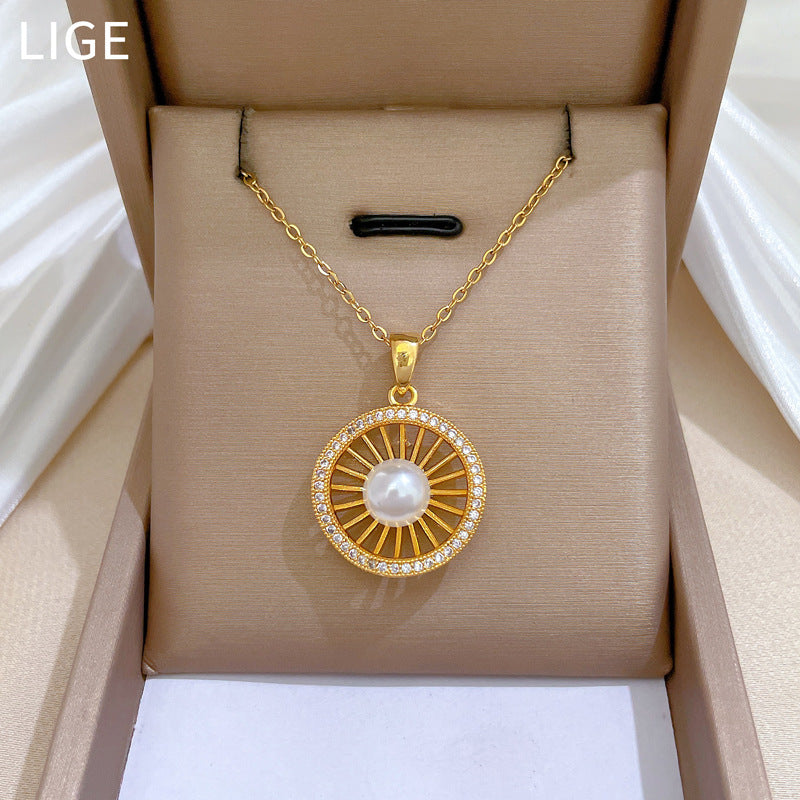 Luxury Titanium Steel Hollow Bird's Nest Pendant Necklace for Women with Rhinestone Inlay, Geometric Design, Delicate Clavicle Chain
