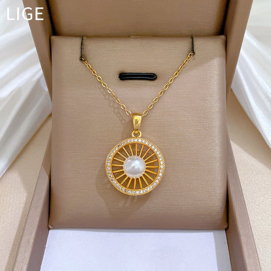 Luxury Titanium Steel Hollow Bird's Nest Pendant Necklace for Women with Rhinestone Inlay, Geometric Design, Delicate Clavicle Chain