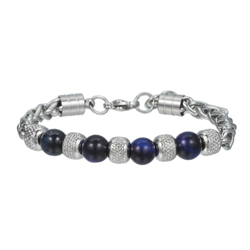 Men's Natural Tiger's Eye and Lapis Lazuli Beaded Bracelet Stainless Steel Geometric Round Stone Jewelry