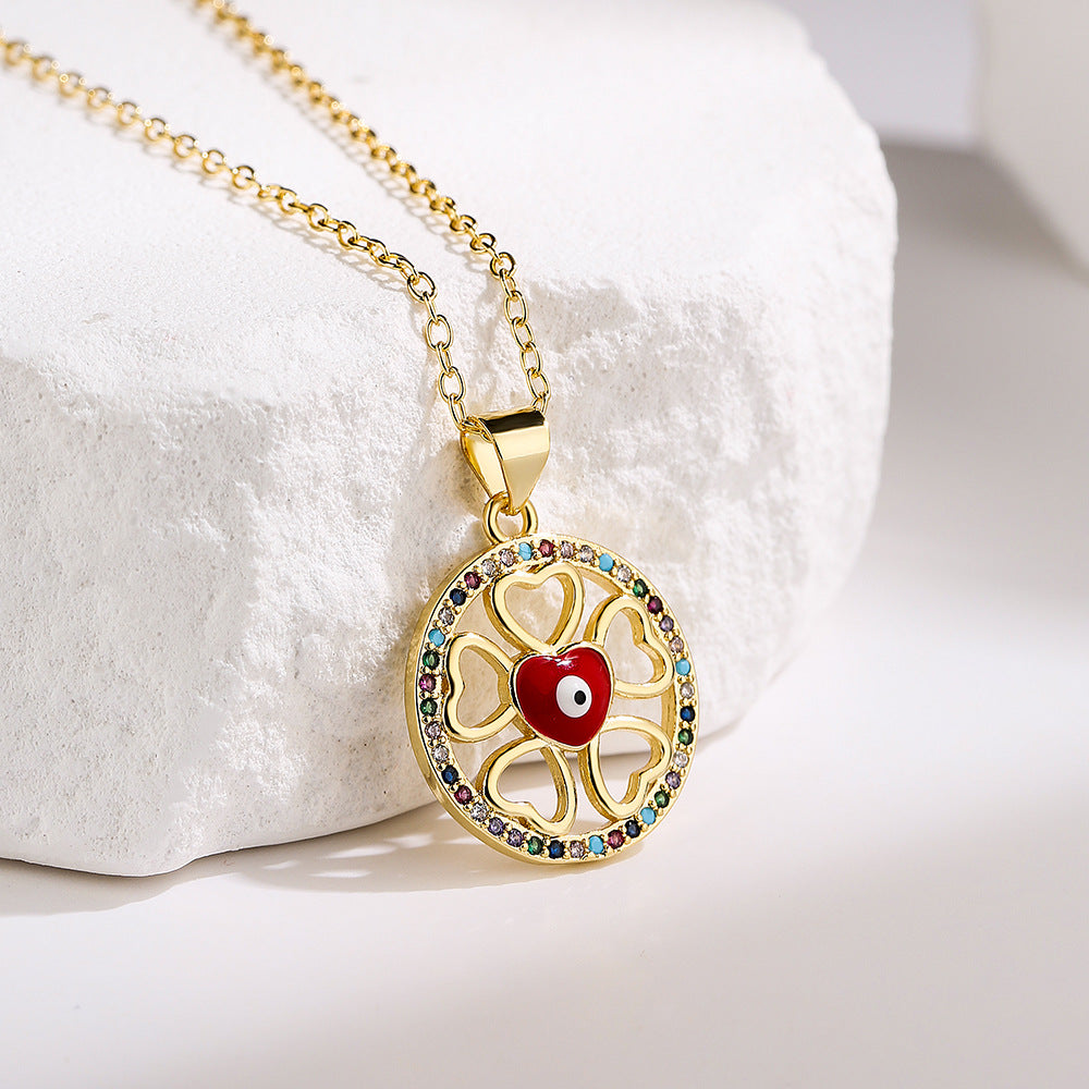 Bohemian Style Geometric Evil Eye Pendant Necklace in Copper with 18K Gold Plating and Enamel Finish, Set with Zircon