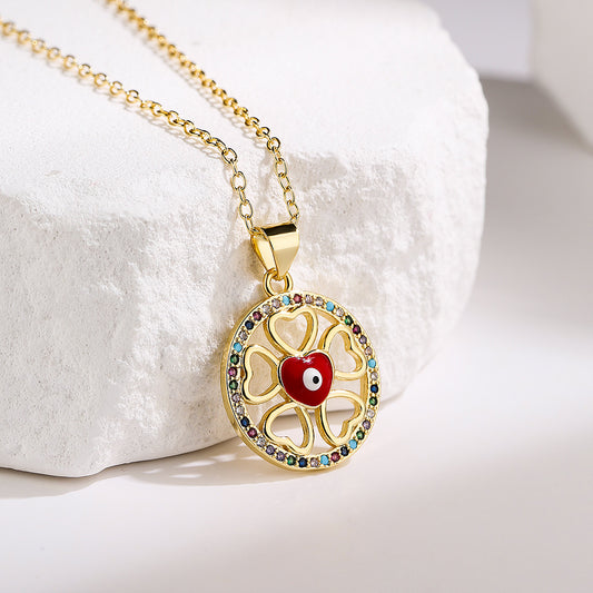 Collana con Ciondolo a Occhio Turco Geometrico in Stile Bohemien in Rame con Placcatura in Oro 18K e Finitura Smaltata, con Zirconi