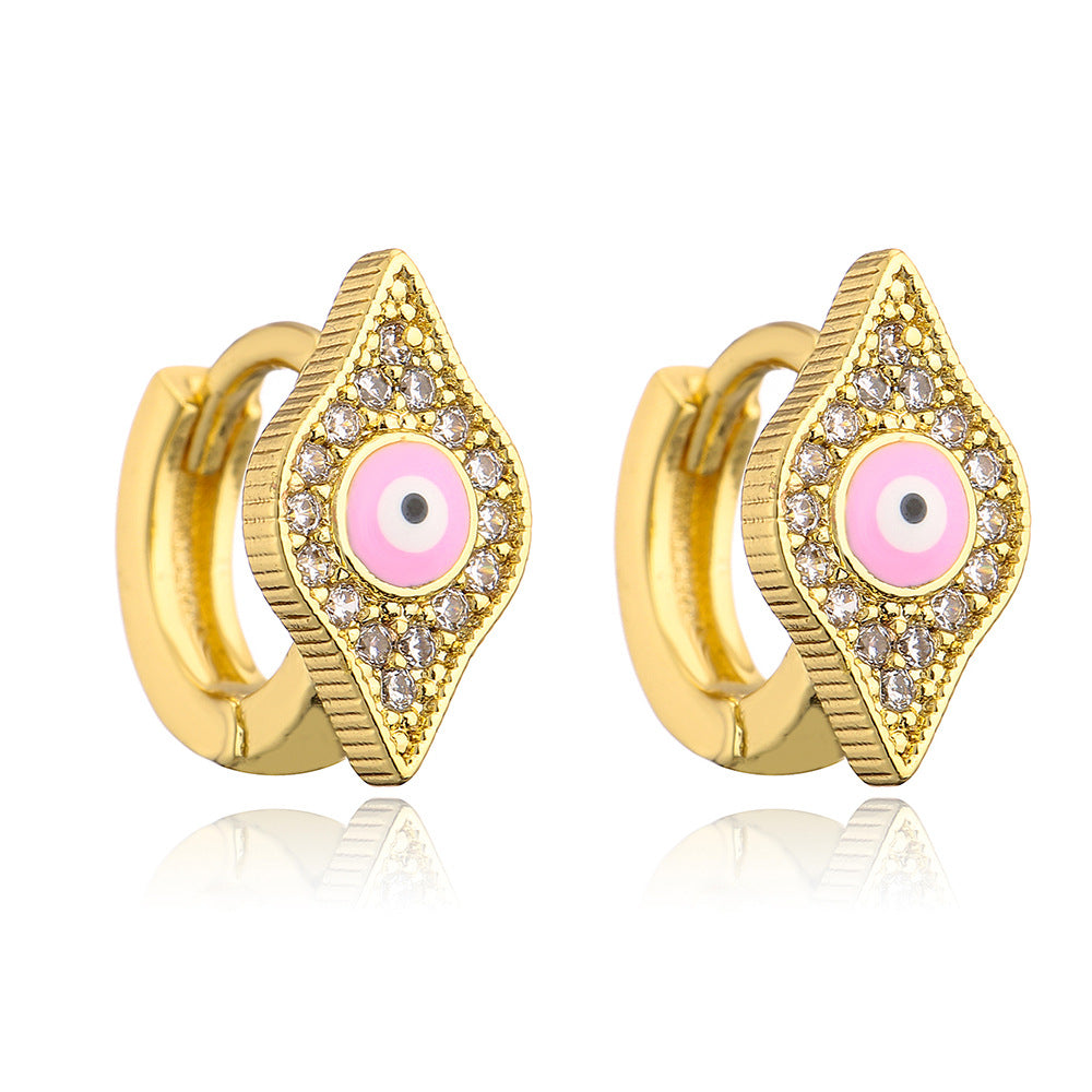 Orecchini a Cerchio da Donna con Occhio di Allah Geometrico Minimalista in Rame con Placcatura in Oro 18K e Intarsio in Zirconia Smaltata