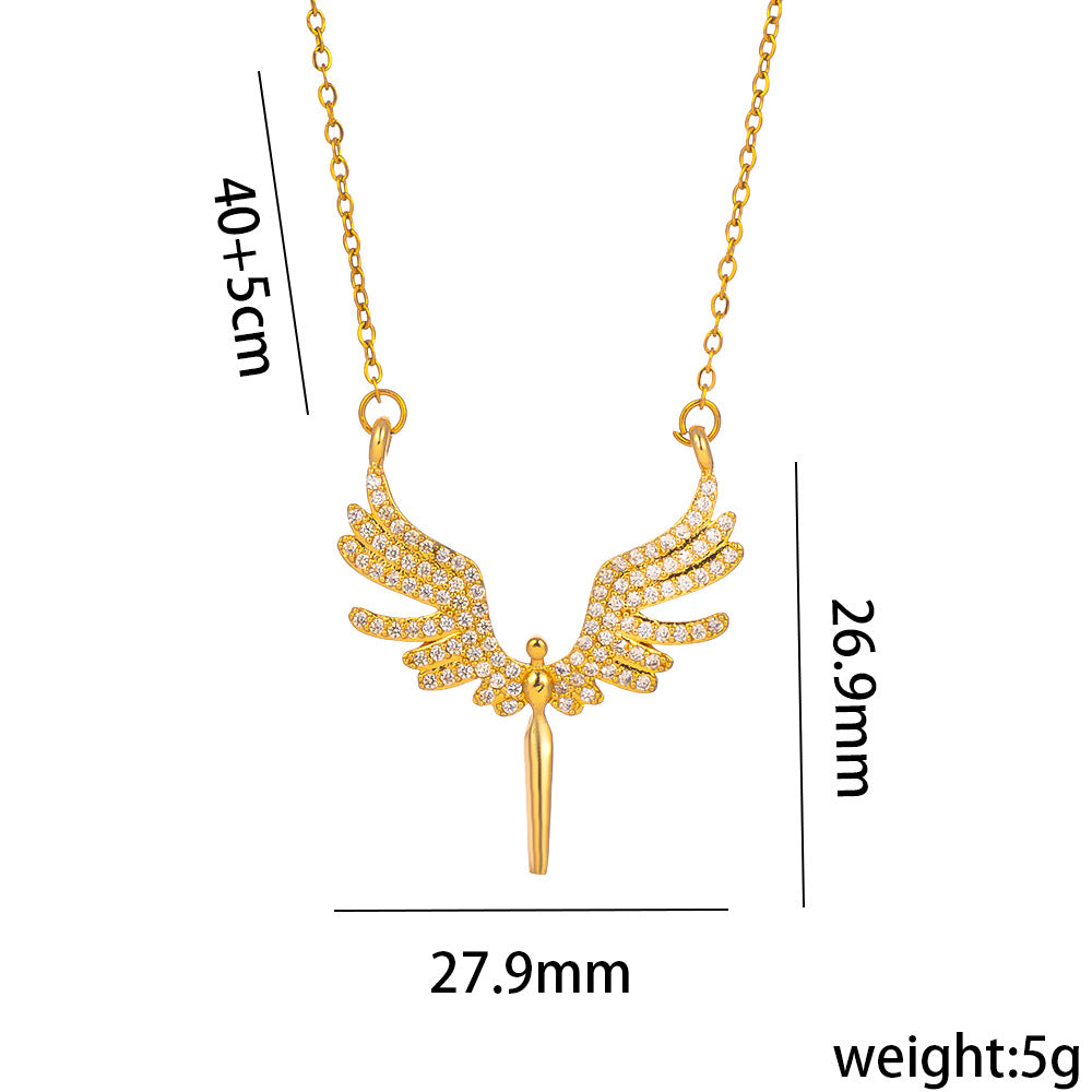 Minimalist Angel Wing Pendant Necklace in Titanium Steel with Micro-Pave Colored Rhinestones on O-Chain