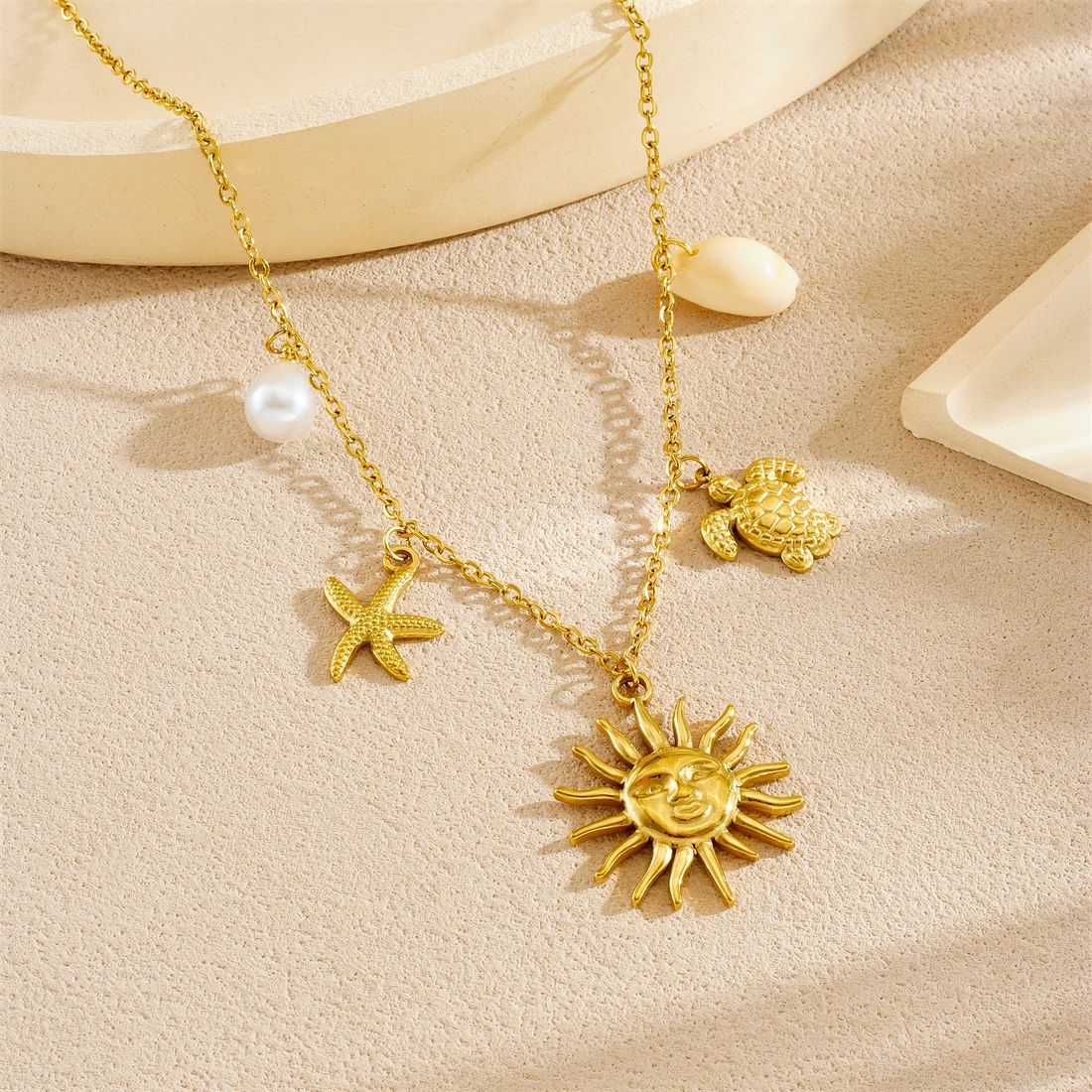 Chic Gold Plated Stainless Steel Heart Bow Floral Pendant Necklace Curb Chain