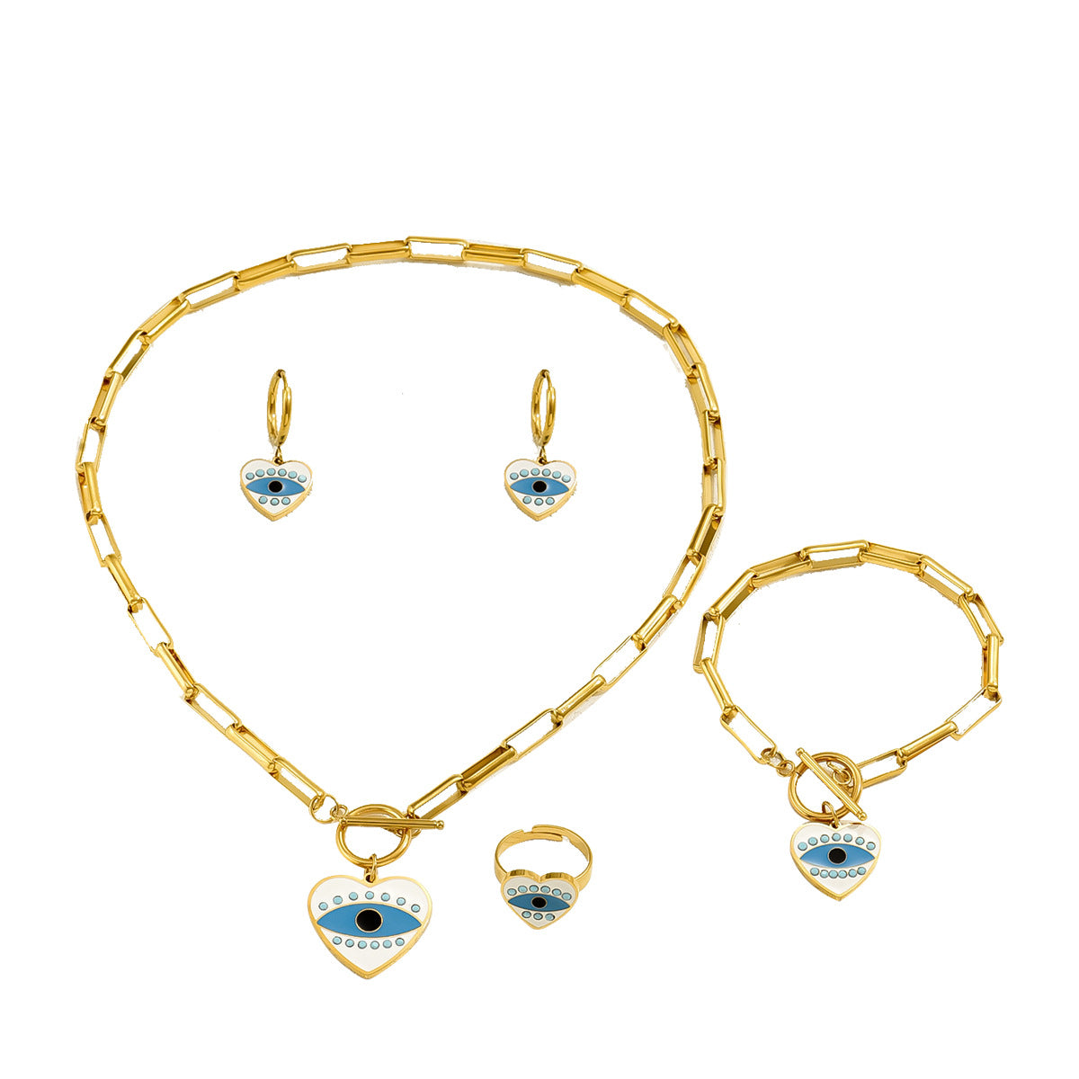 Conjunto de collar, aretes, pulsera y anillo esmaltado de ojo turco con diseño de corazón de moda para mujer