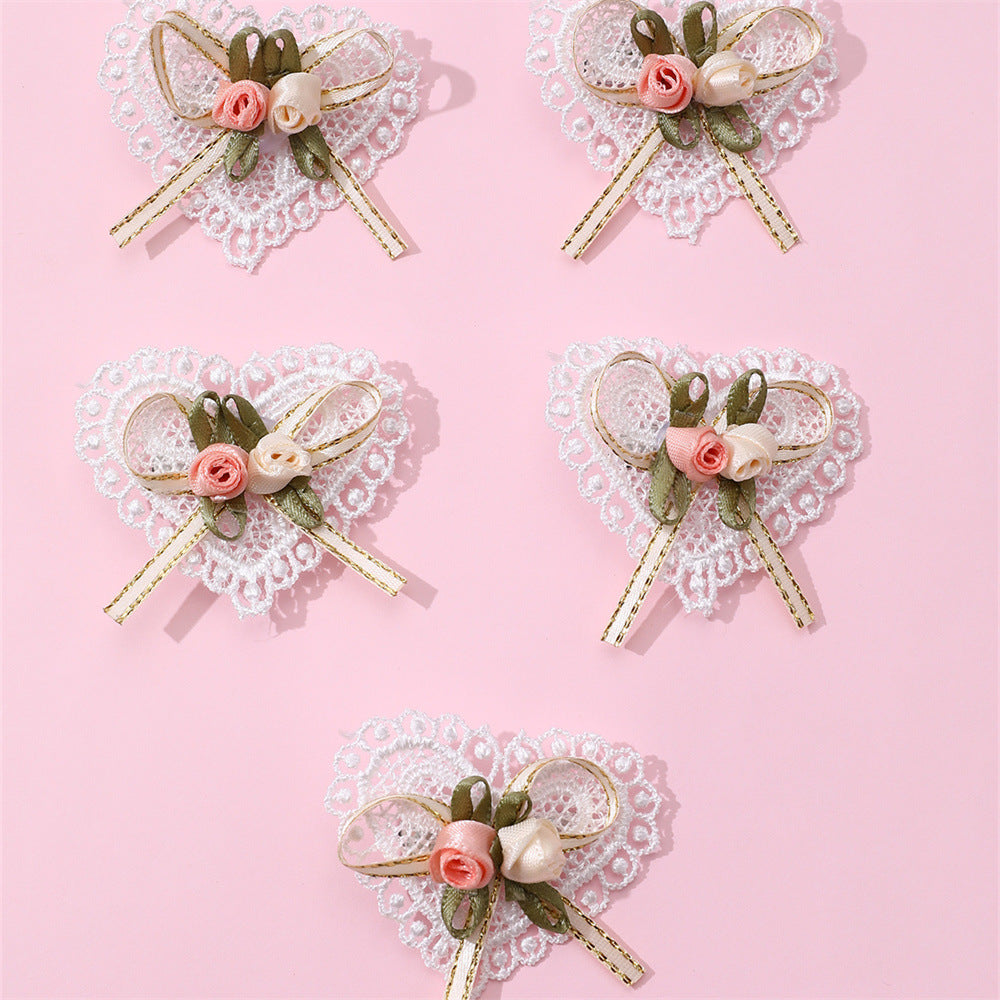 Set di fermagli per capelli per bambini in tessuto con cuore dolce e fiocco floreale