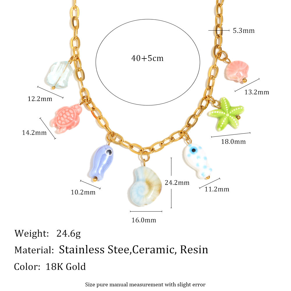 18K Gold Plated Stainless Steel Ceramic Geometric Fish Charm Bar Necklace for Women