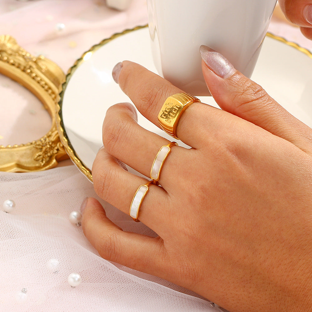 Minimalist Geometric Stainless Steel Ring with 18K Gold Plating and Natural Shell Inlay for Women