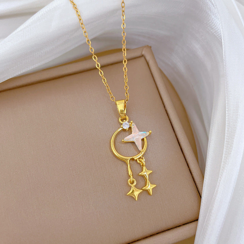 Sweet Minimalist Star Rhinestone Pendant Titanium Steel Necklace for Women and Men