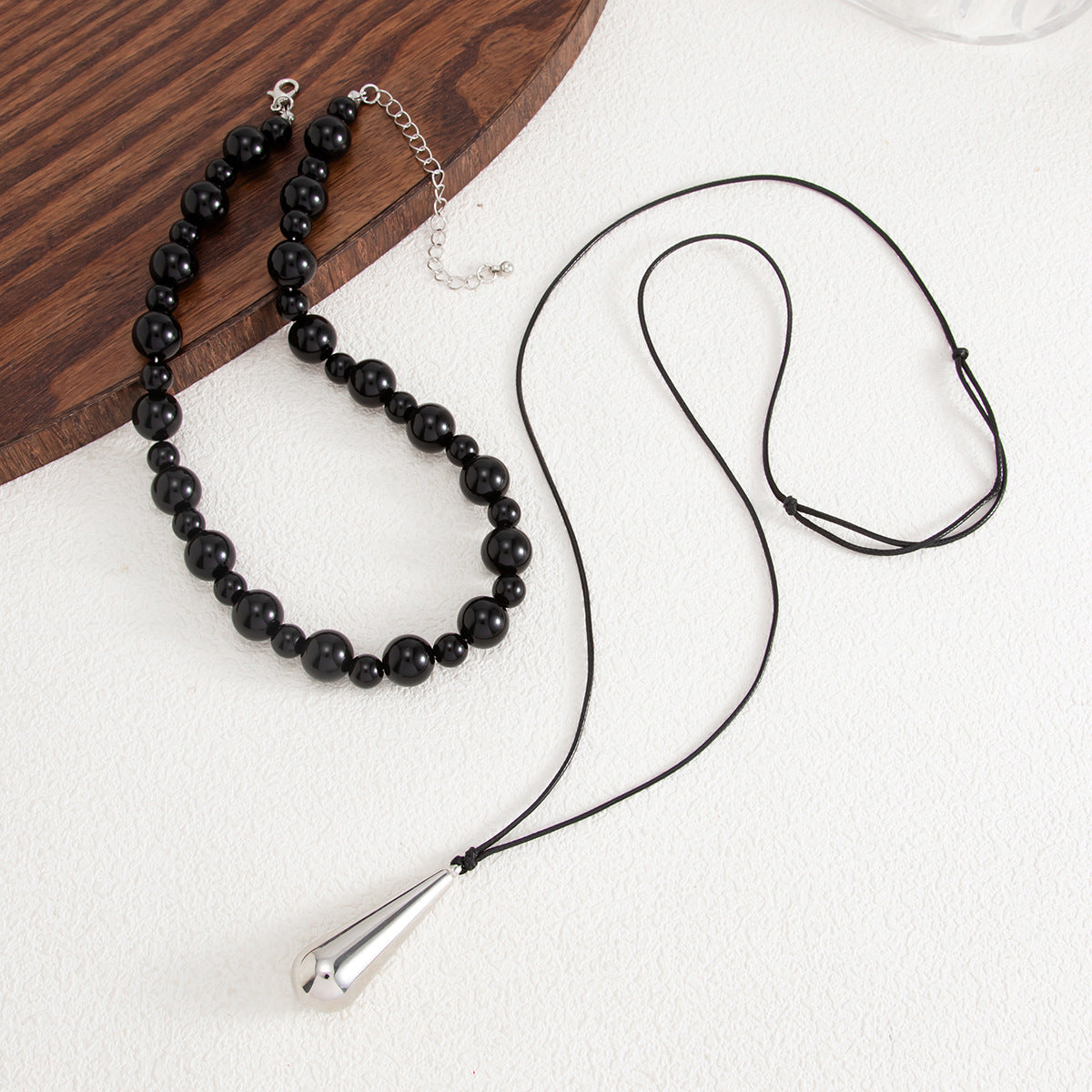 Minimalist Black Acrylic Beaded Teardrop Pendant Necklace with Wax Cord for Women