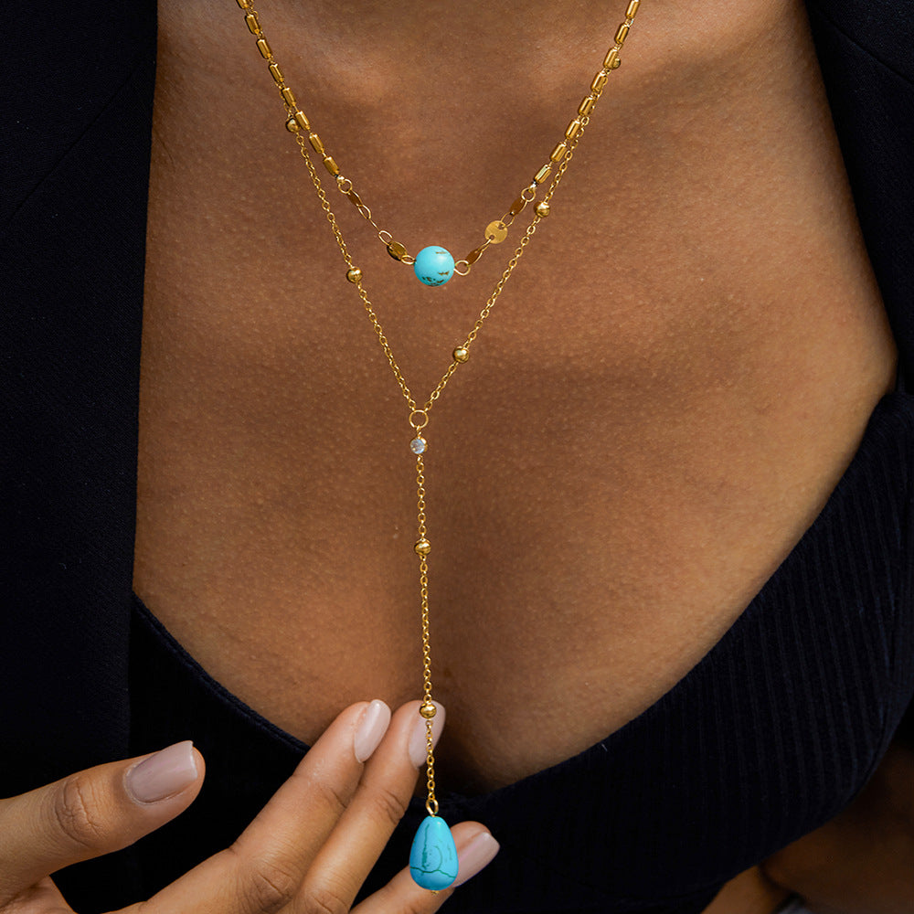 Collana a Y da donna minimalista geometrica color turchese in acciaio al titanio placcato