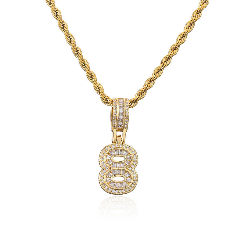 Hip-hop Punk Minimalist Gold Plated Brass Number Cubic Zirconia Pendant Necklace with Rope Chain for Men